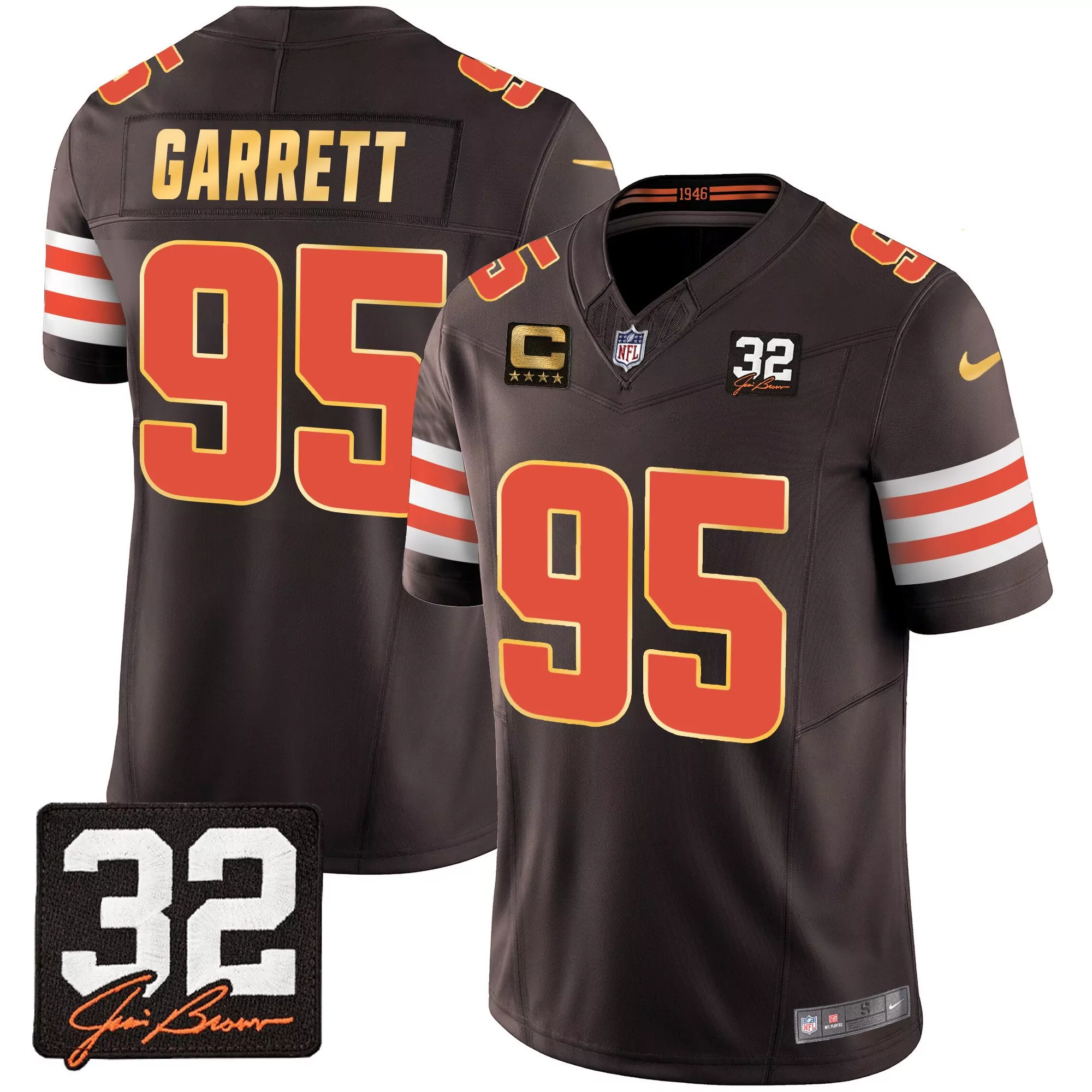 myles garrett brown mens cleveland browns 32 jim brown memorial home patch gold trim jersey all stitched