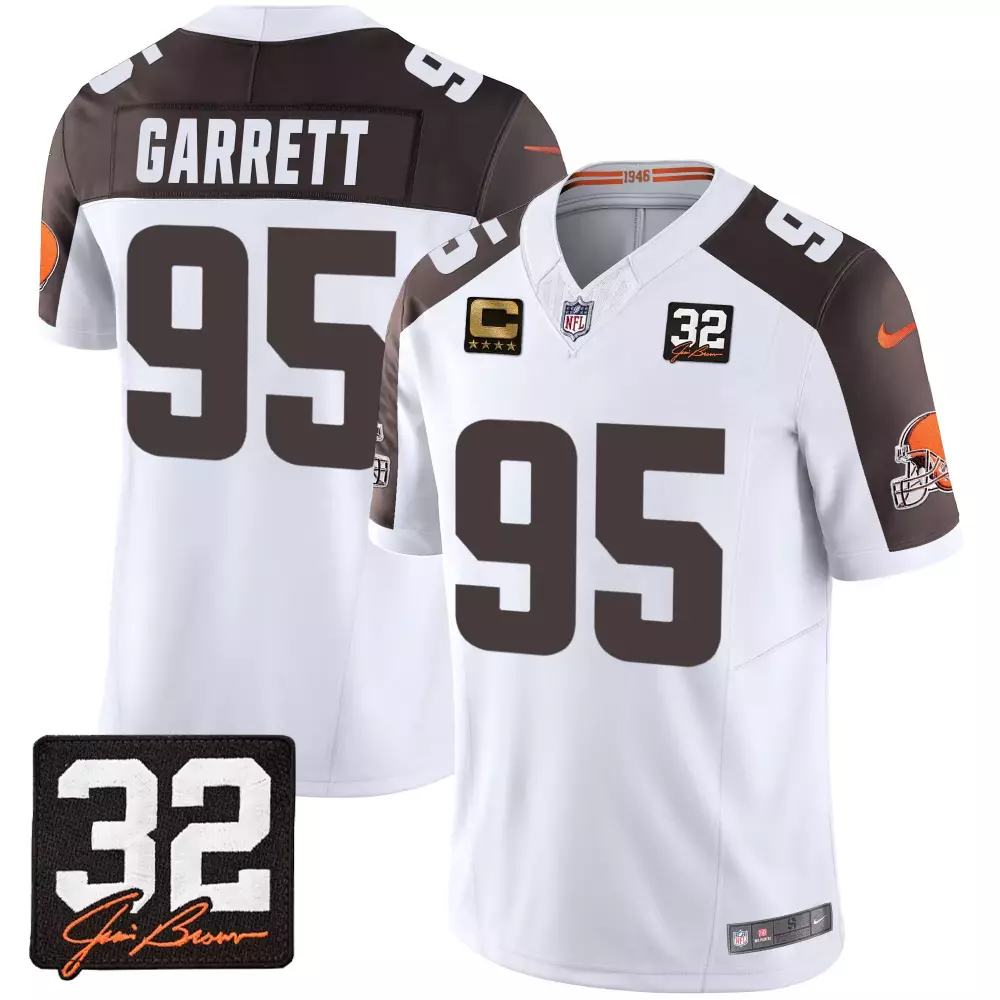 myles garrett inverted mens cleveland browns 32 jim brown memorial patch jersey all stitched