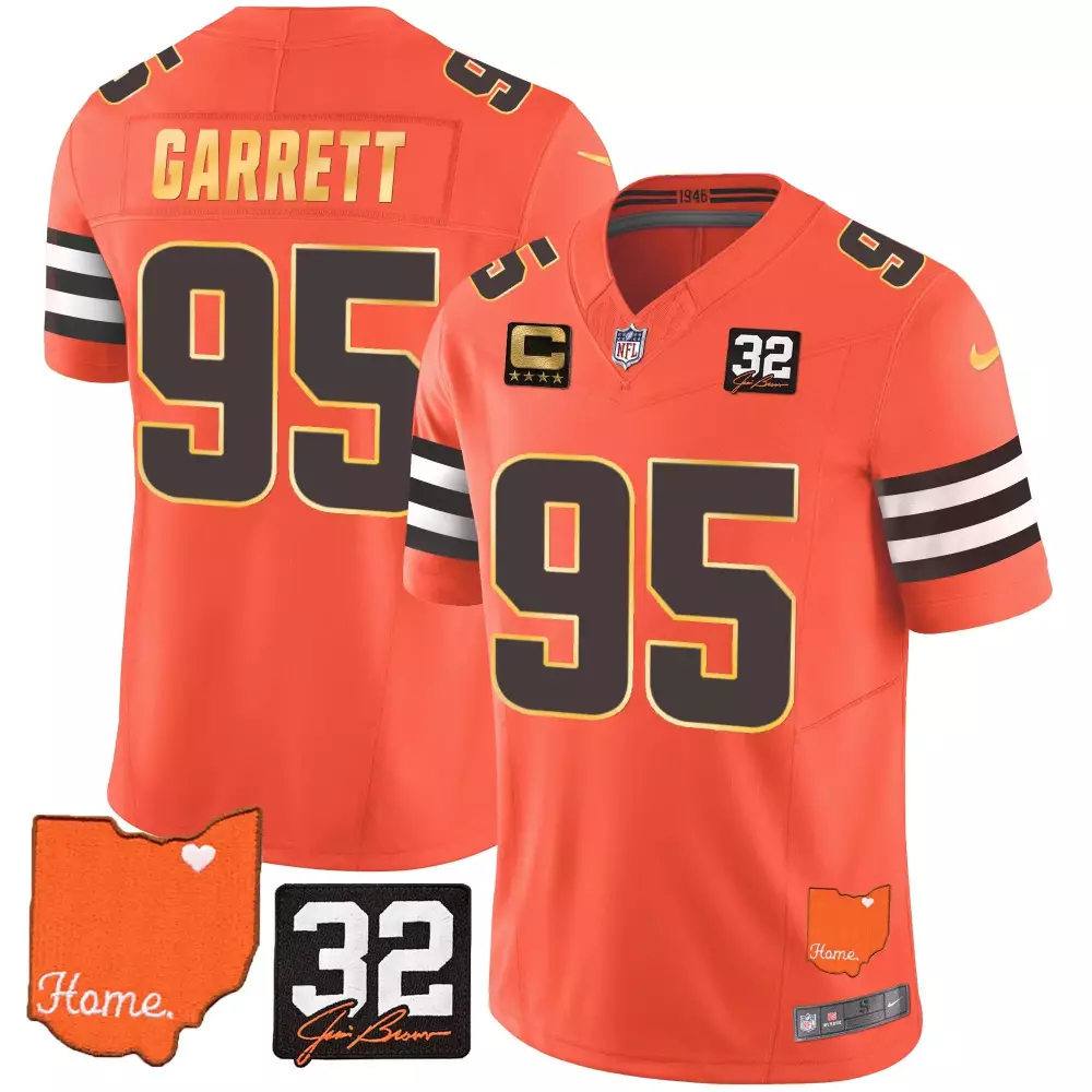 myles garrett orange mens cleveland browns 32 jim brown memorial home patch gold trim jersey all stitched