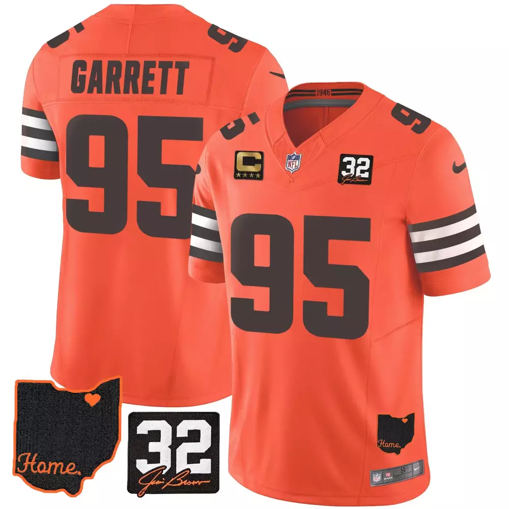 myles garrett orange mens cleveland browns 32 jim brown memorial home patch gold trim jersey all stitched