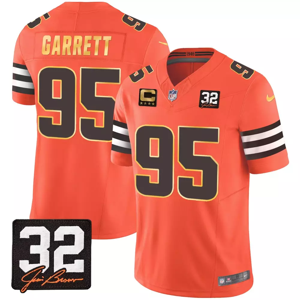 myles garrett orange mens cleveland browns 32 jim brown memorial home patch gold trim jersey all stitched