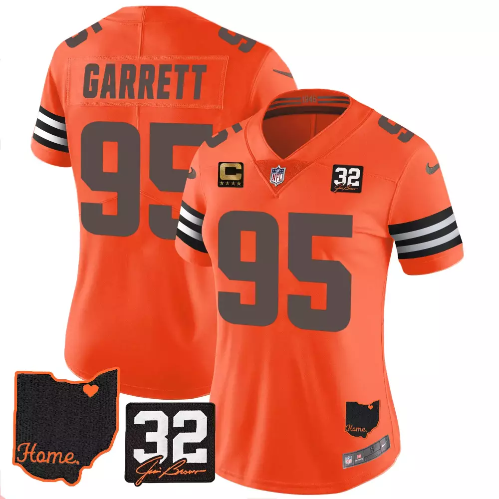 myles garrett orange womens cleveland browns 32 jim brown memorial home patch jersey v3 all stitched