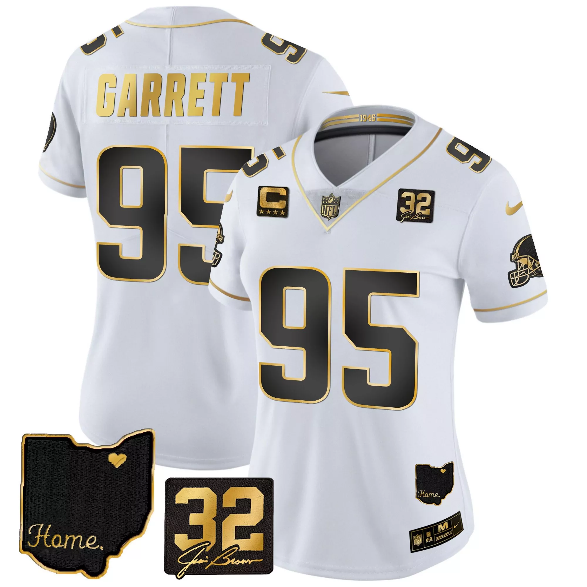 myles garrett white gold womens cleveland browns 32 jim brown memorial home patch gold jersey all stitched