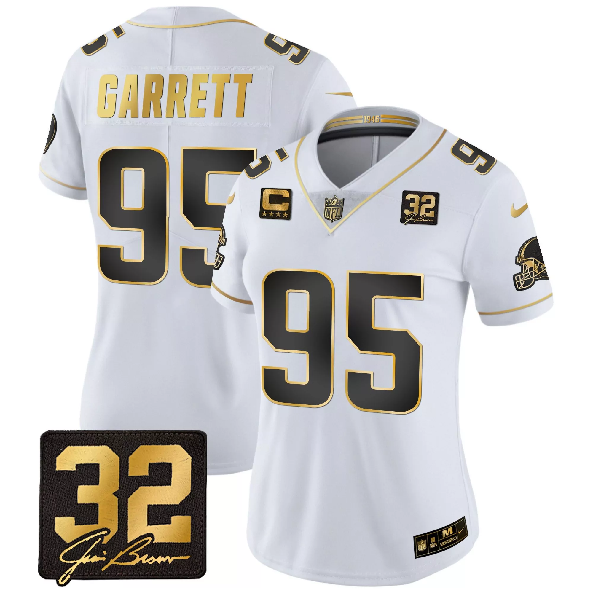 myles garrett white gold womens cleveland browns 32 jim brown memorial home patch gold jersey all stitched