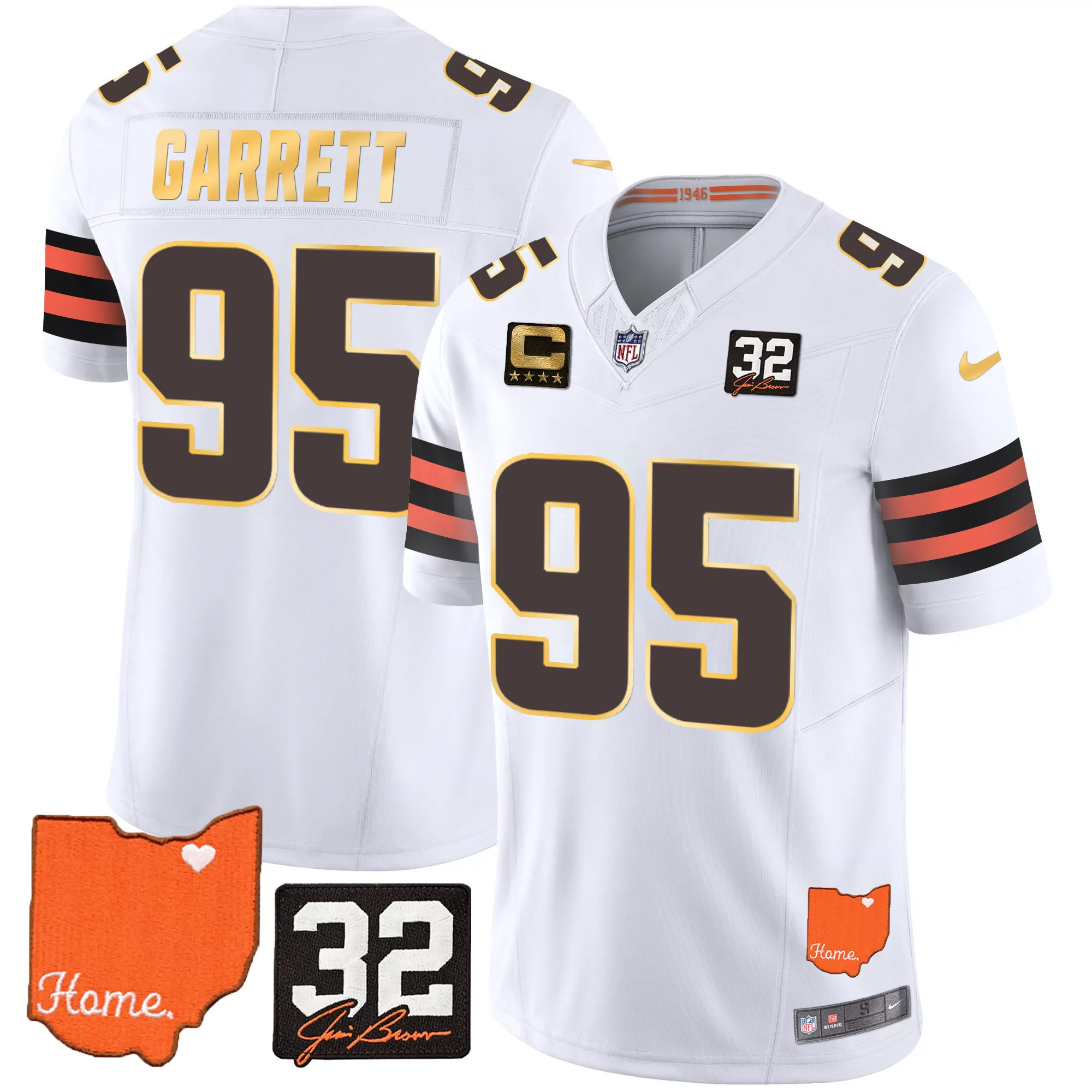 myles garrett white gold womens cleveland browns 32 jim brown memorial home patch gold jersey all stitched