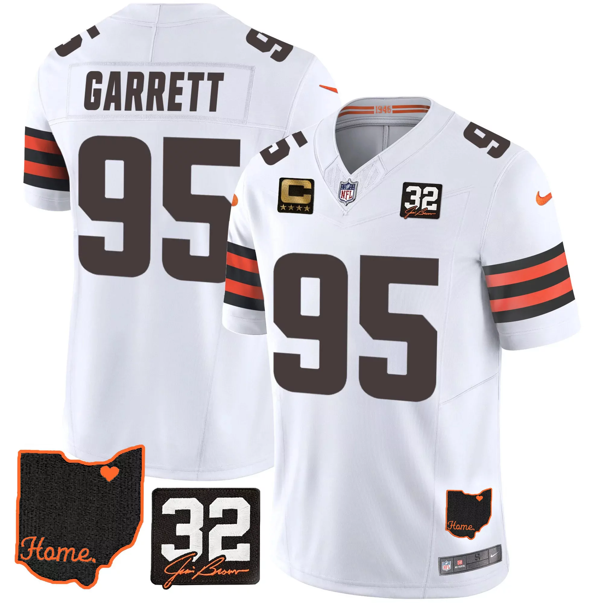 myles garrett white mens cleveland browns 32 jim brown memorial home patch jersey v2 all stitched