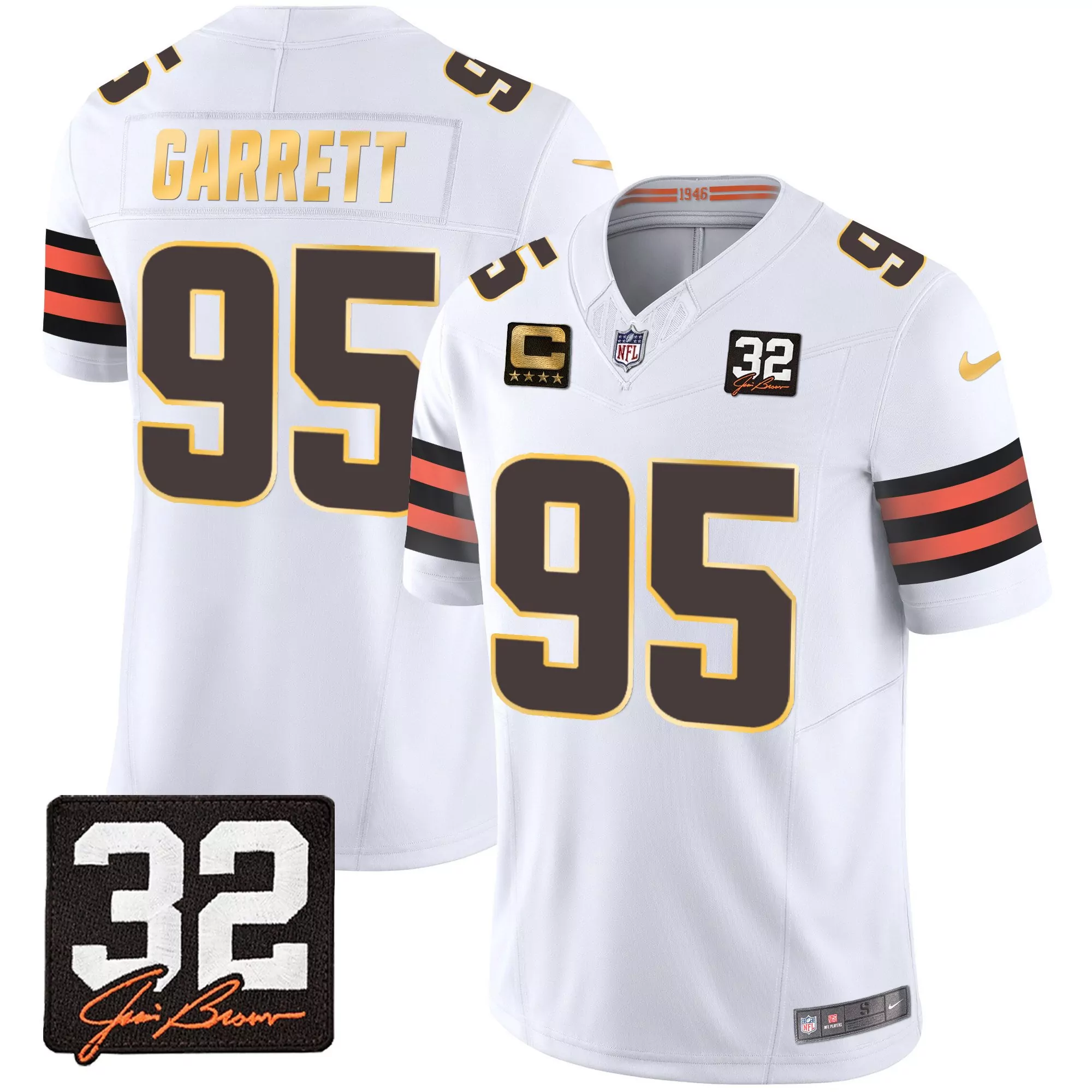 myles garrett white mens cleveland browns 32 jim brown memorial home patch jersey v2 all stitched
