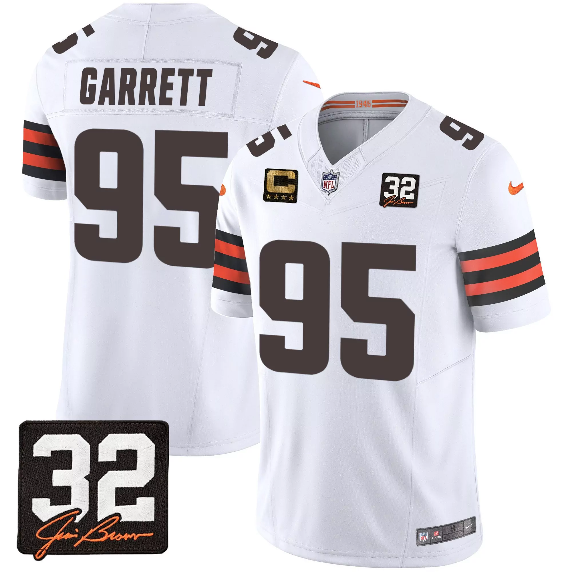 myles garrett white mens cleveland browns 32 jim brown memorial home patch jersey v2 all stitched