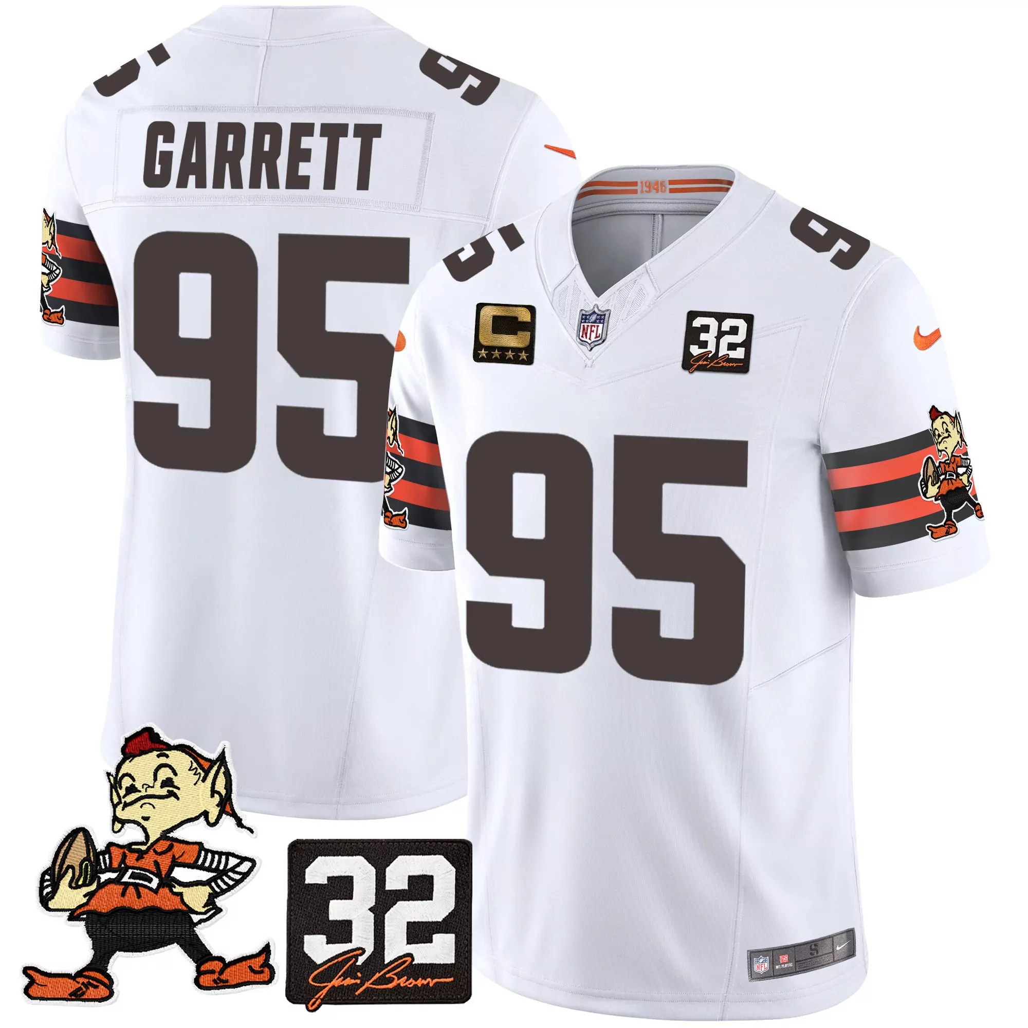 myles garrett white mens cleveland browns 32 jim brown memorial home patch jersey v2 all stitched