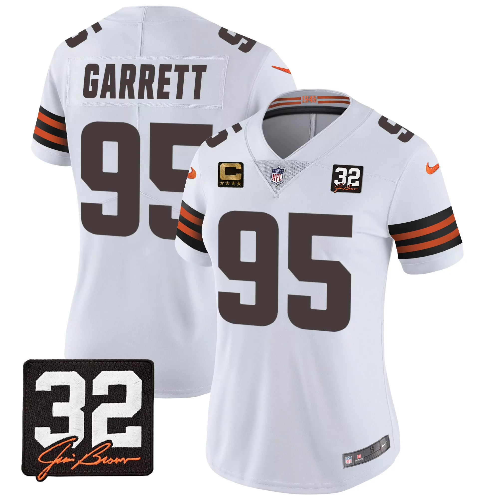 myles garrett white womens cleveland browns 32 jim brown memorial patch jersey all stitched