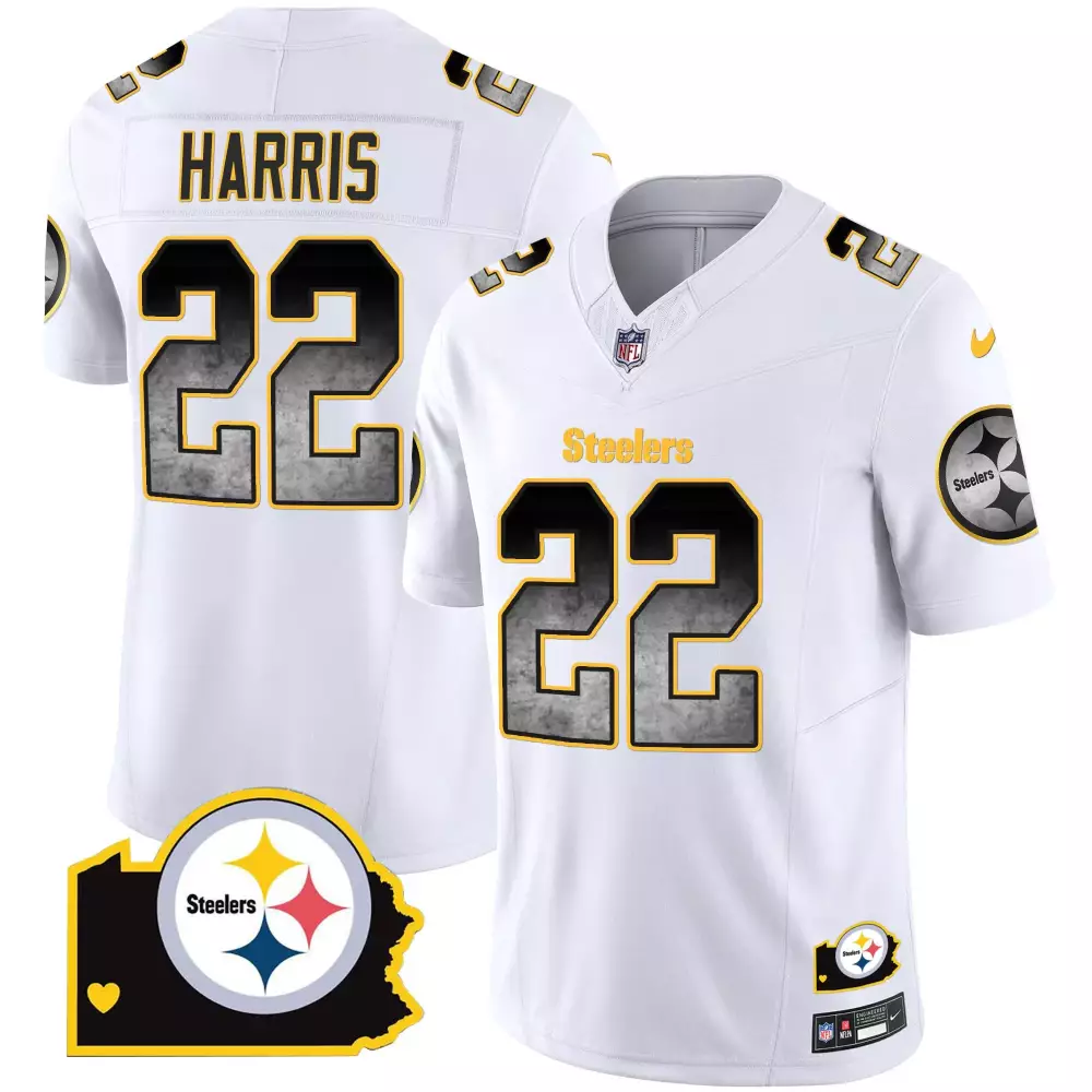 Najee Harris Men's Pittsburgh Steelers Arch Smoke Home Patch Vapor Jersey | White Stitched | Game Day Outfit | For Men, Women & Youth