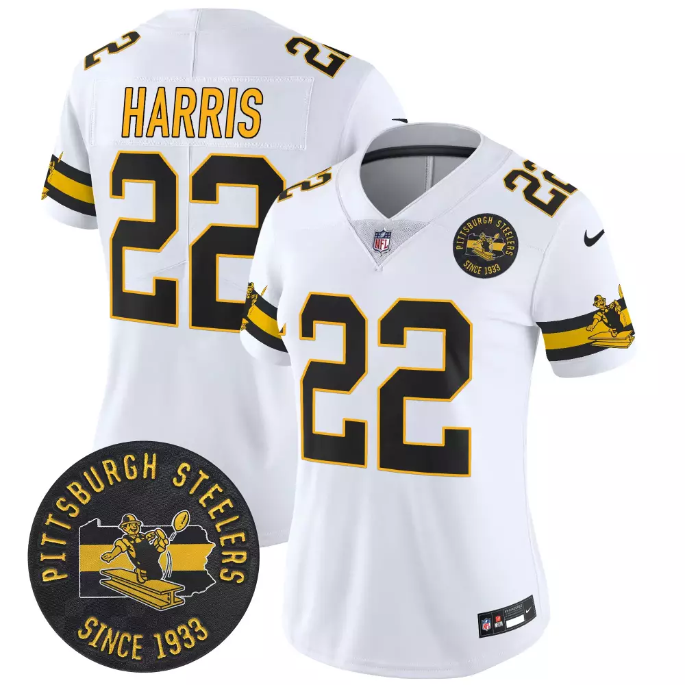 Najee Harris Women's Pittsburgh Steelers Arch Smoke Vapor Jersey | White Stitched | For Men, Women & Youth