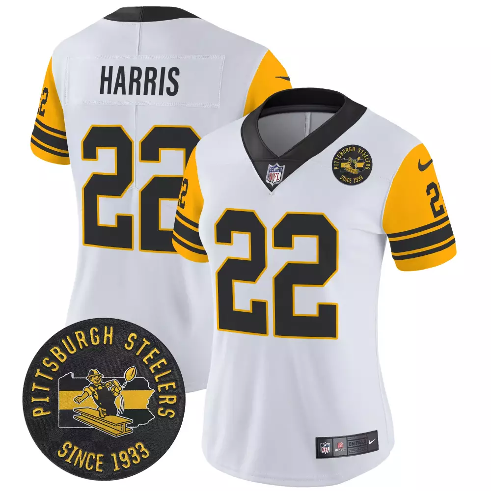 Najee Harris Women's Pittsburgh Steelers Arch Smoke Vapor Jersey | White Stitched | For Men, Women & Youth