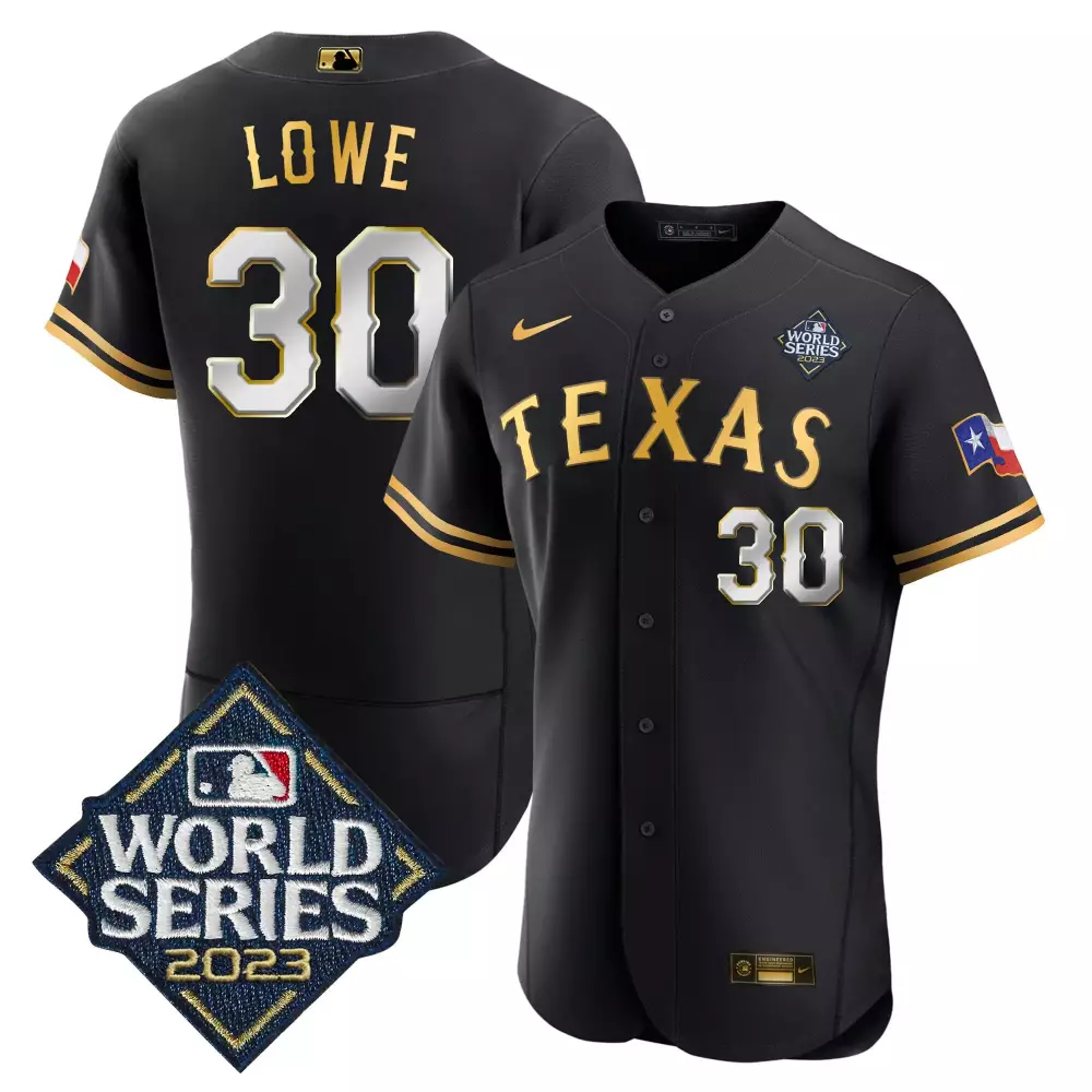 nathaniel lowe black gold mens texas rangers 2023 world series flex base jersey v2 all stitched