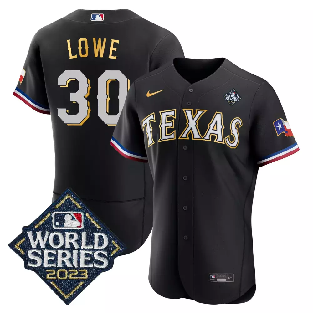 nathaniel lowe black mens texas rangers 2023 world series flex base gold trim jersey v2 all stitched