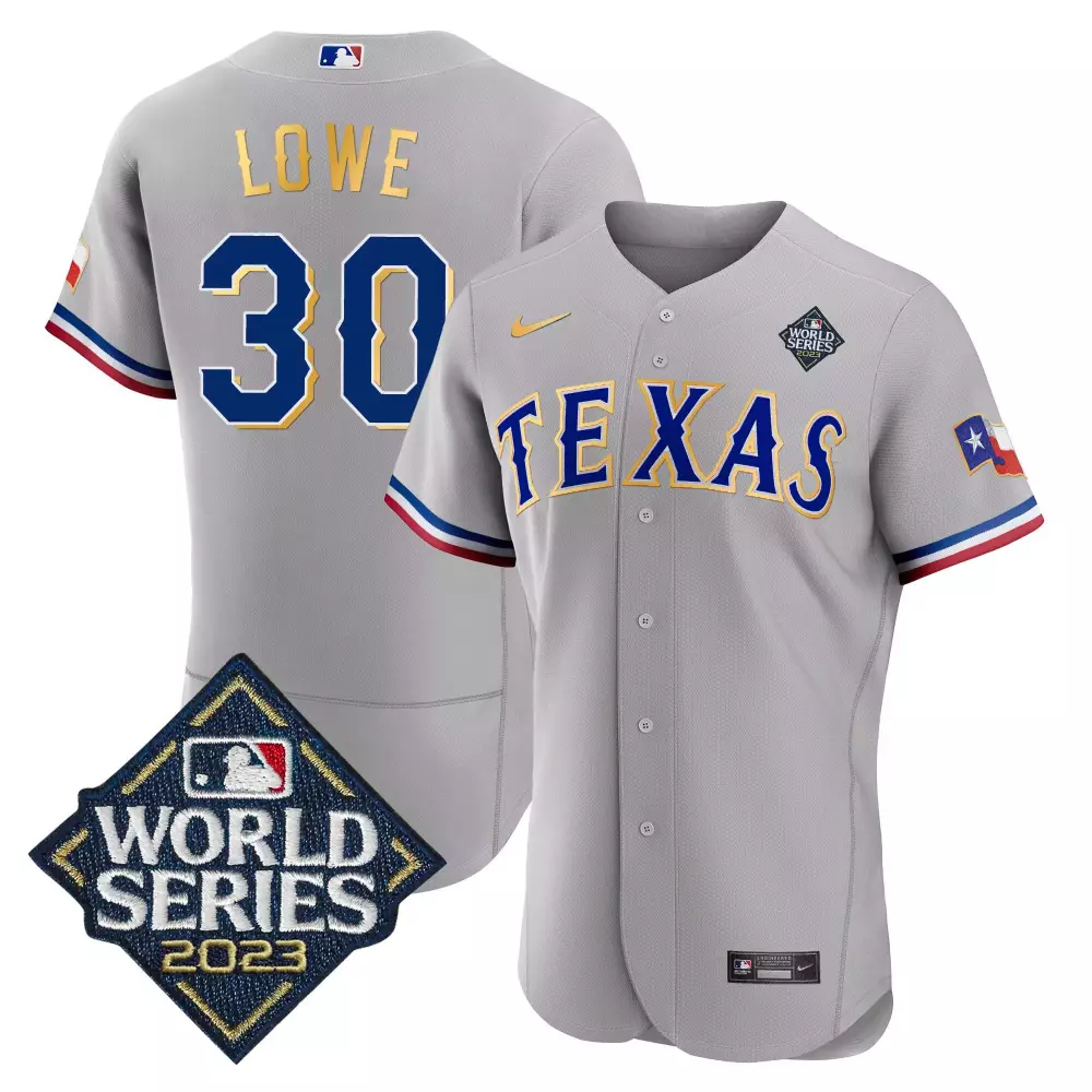 nathaniel lowe gray mens texas rangers 2023 world series flex base gold trim jersey v2 all stitched
