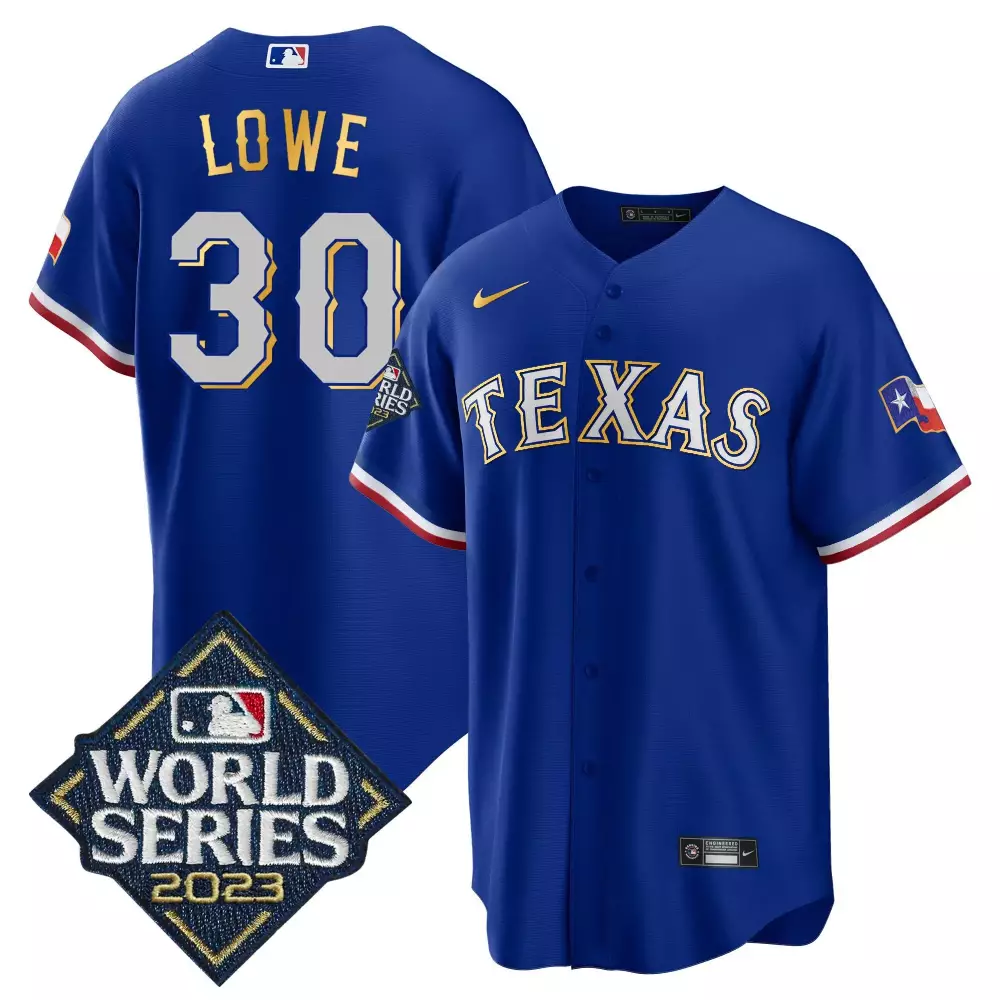 nathaniel lowe royal mens texas rangers 2023 world series cool base gold trim jersey all stitched