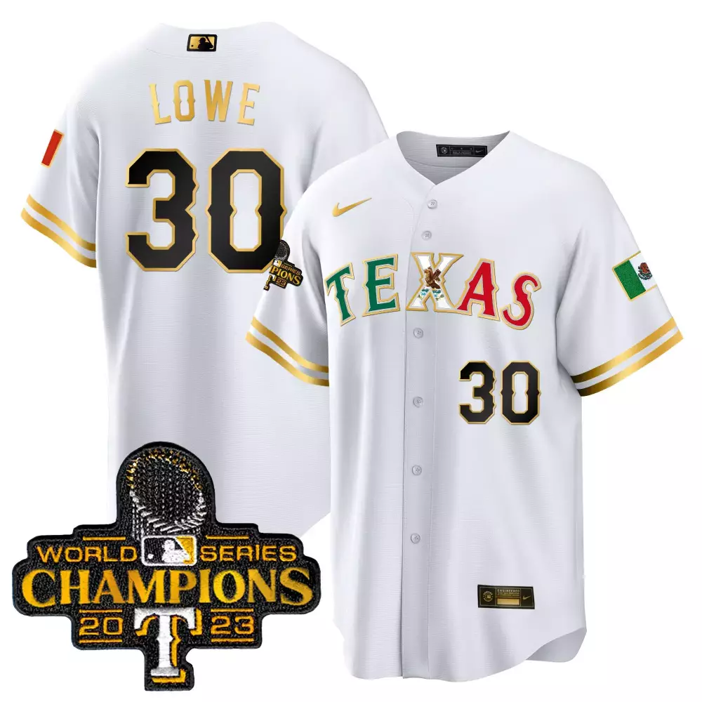 nathaniel lowe white gold mens texas rangers mexico 2023 world series champions baseball jersey all stitched