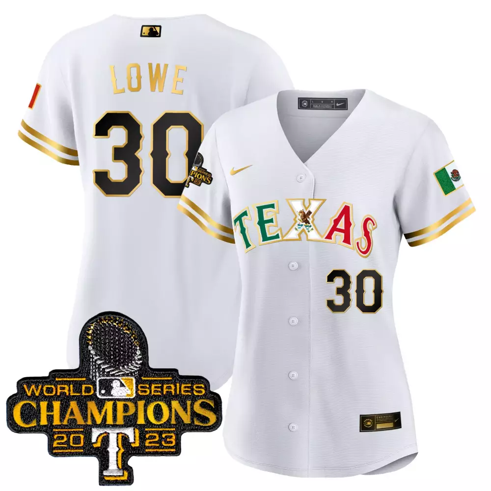 nathaniel lowe white gold womens texas rangers mexico 2023 world series champions baseball jersey all stitched