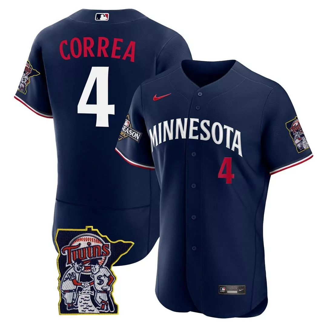 navy carlos correa mens minnesota twins flex base postseason patch jersey all stitched