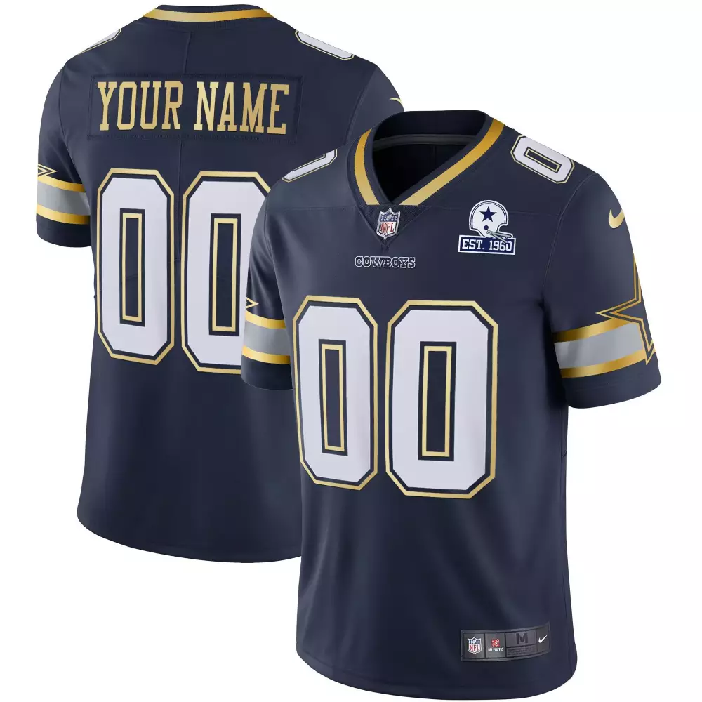 Navy Gold Men's Dallas Cowboys Vapor Custom Jersey | Stitched Design | For Men, Women & Youth