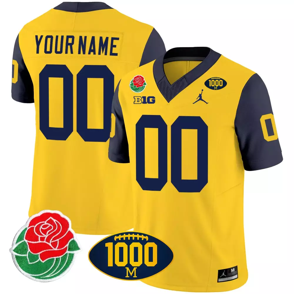 Michigan Wolverines Youth 2023 Rose Bowl 1000 Wins Patch Vapor Custom Jersey | Navy Stitched | For Men, Women & Youth