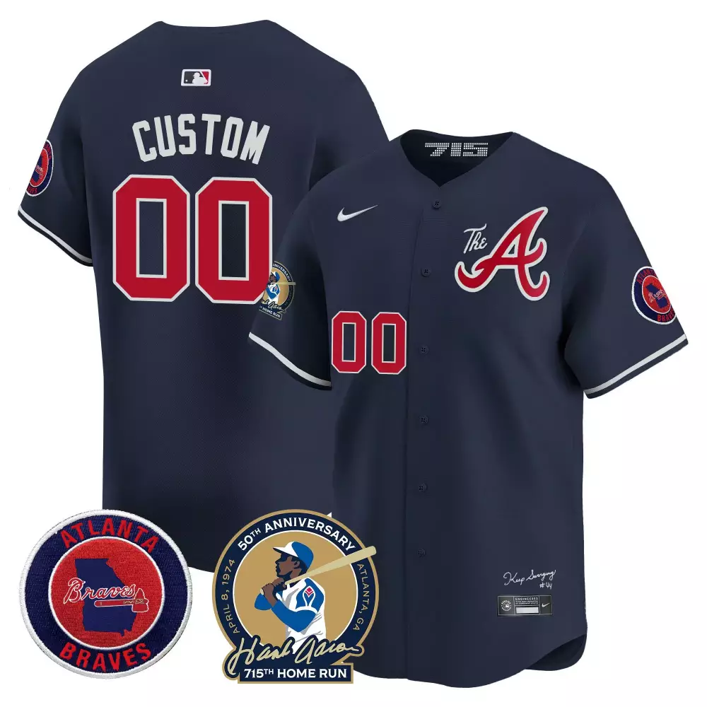 Youth Atlanta Braves Hank Aaron 715th Home Run Patch Vapor Premier Limited Custom Jersey V2 | Navy Stitched | Fan Gear for Men, Women & Youth