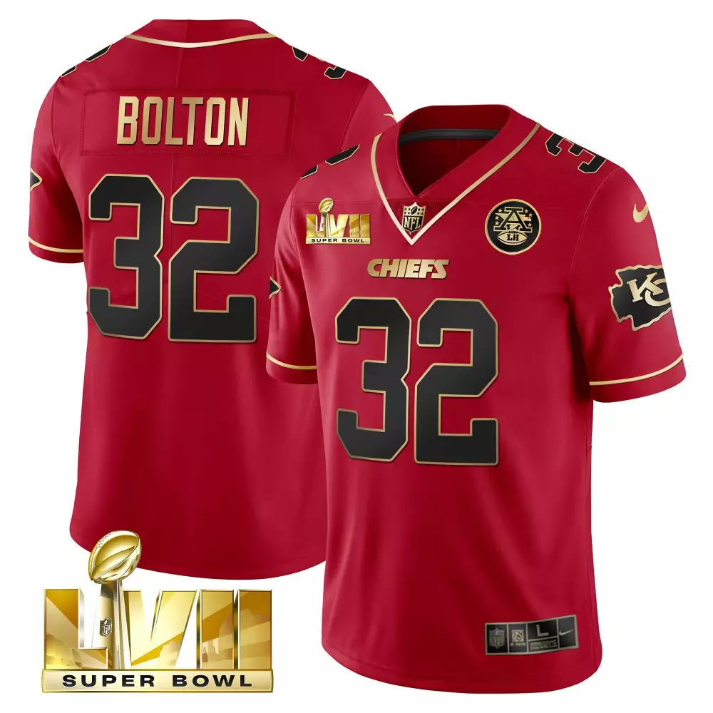 nick bolton red gold mens kansas city chiefs super bowl lviii pattern gold vapor jersey all stitched