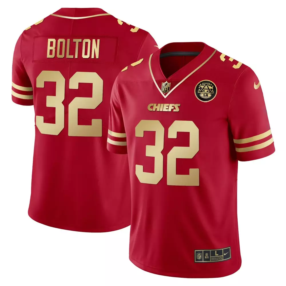 nick bolton red gold mens kansas city chiefs super bowl lviii pattern gold vapor jersey all stitched