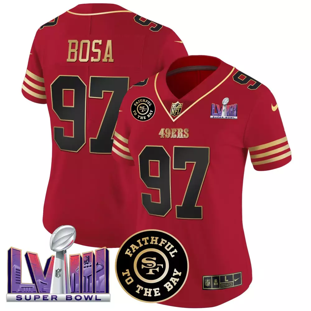 Nick Bosa San Francisco 49ers Black Scarlet Women's Faithful Super Bowl LVIII Jersey | Stitched Vapor Fan Gear | For Men, Women & Youth