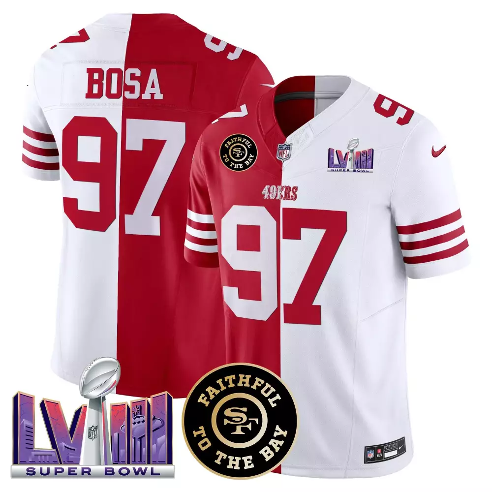 Nick Bosa Split Men's 49ers Super Bowl LVIII Patch Jersey V2 | Stitched Vapor | Fan Gear for Men, Women & Youth