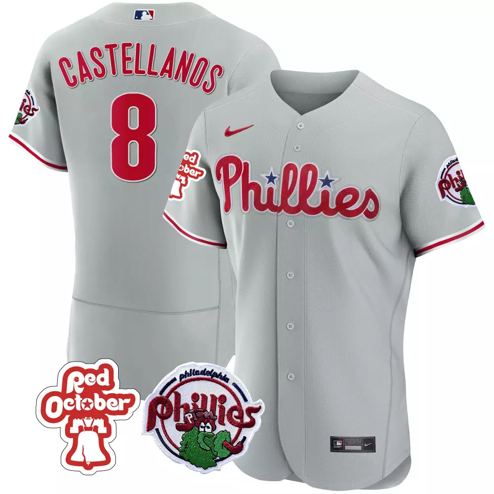 nick castellanos gray mens philadelphia phillies red october patch cool base jersey all stitched