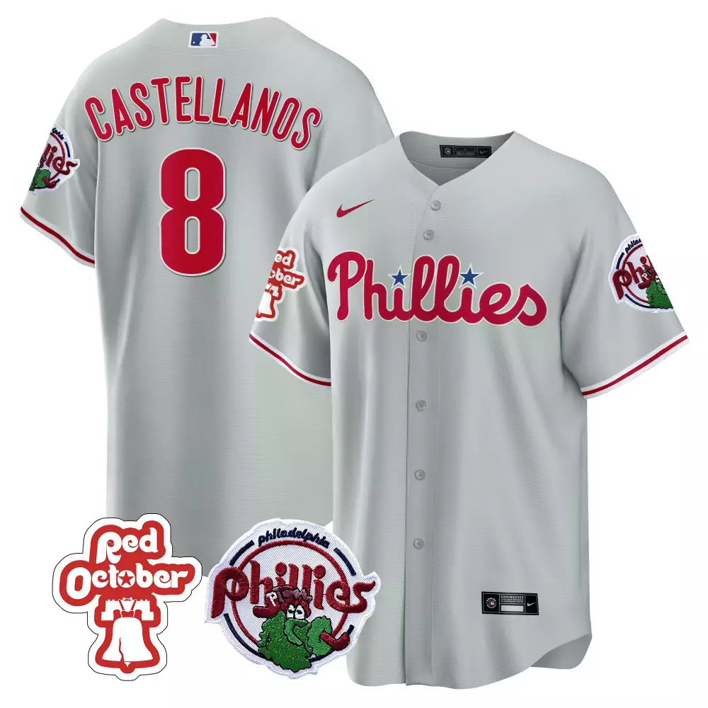 nick castellanos gray mens philadelphia phillies red october patch cool base jersey all stitched