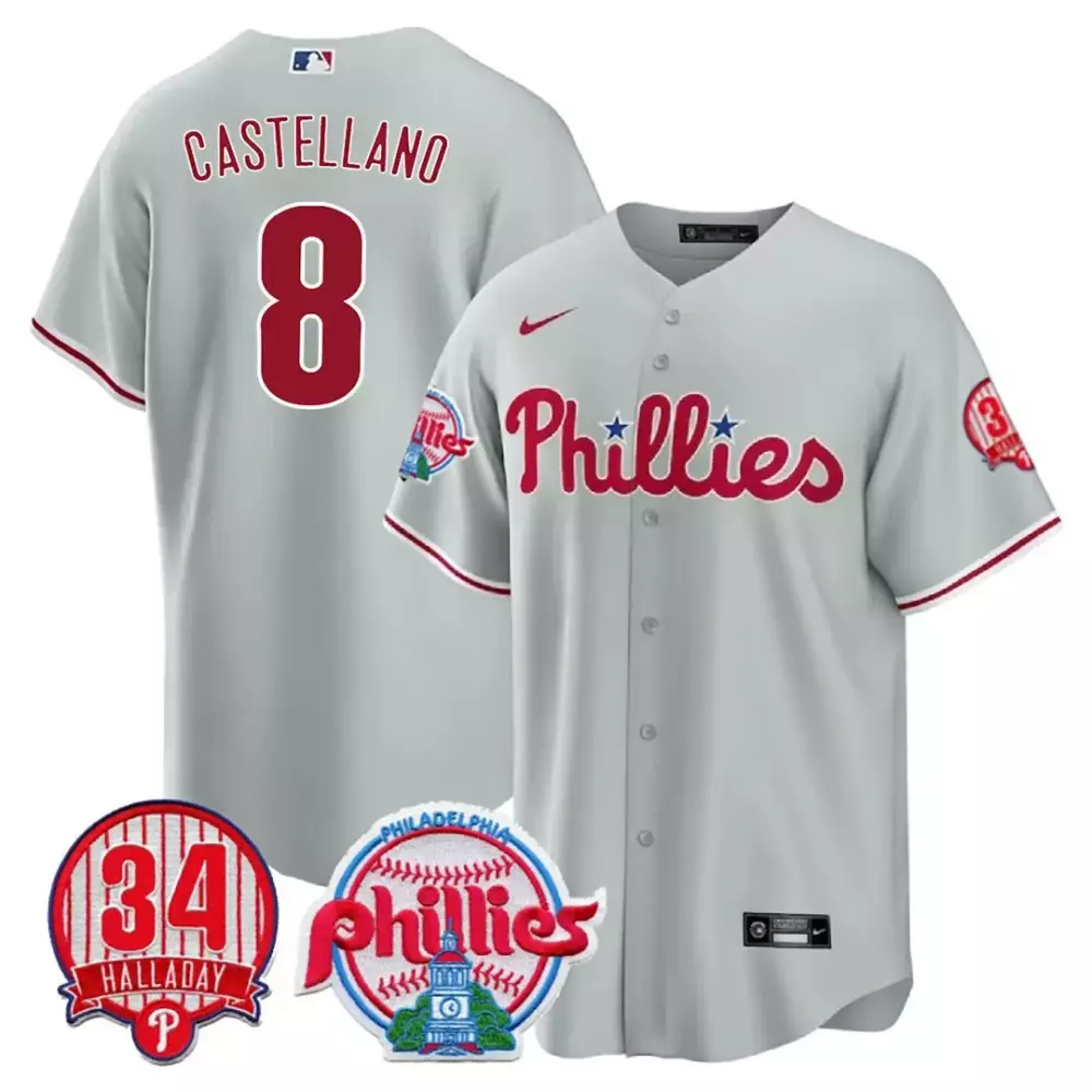 nick castellanos gray mens philadelphia phillies red october patch cool base jersey all stitched