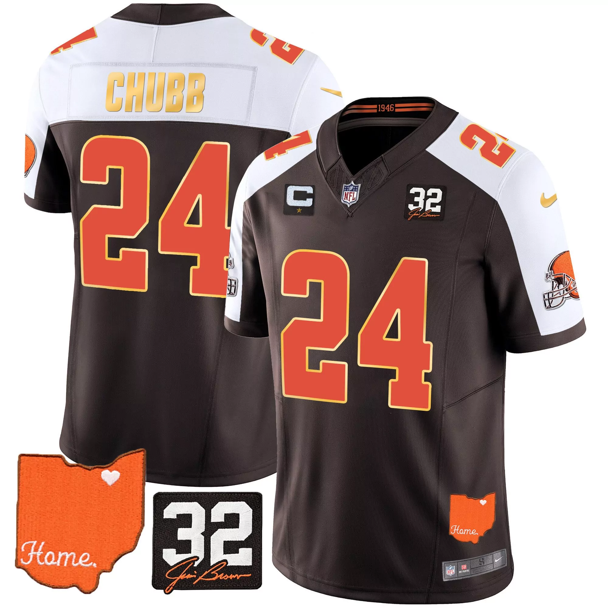 nick chubb alternate mens cleveland browns 32 jim brown memorial home patch gold trim jersey all stitched