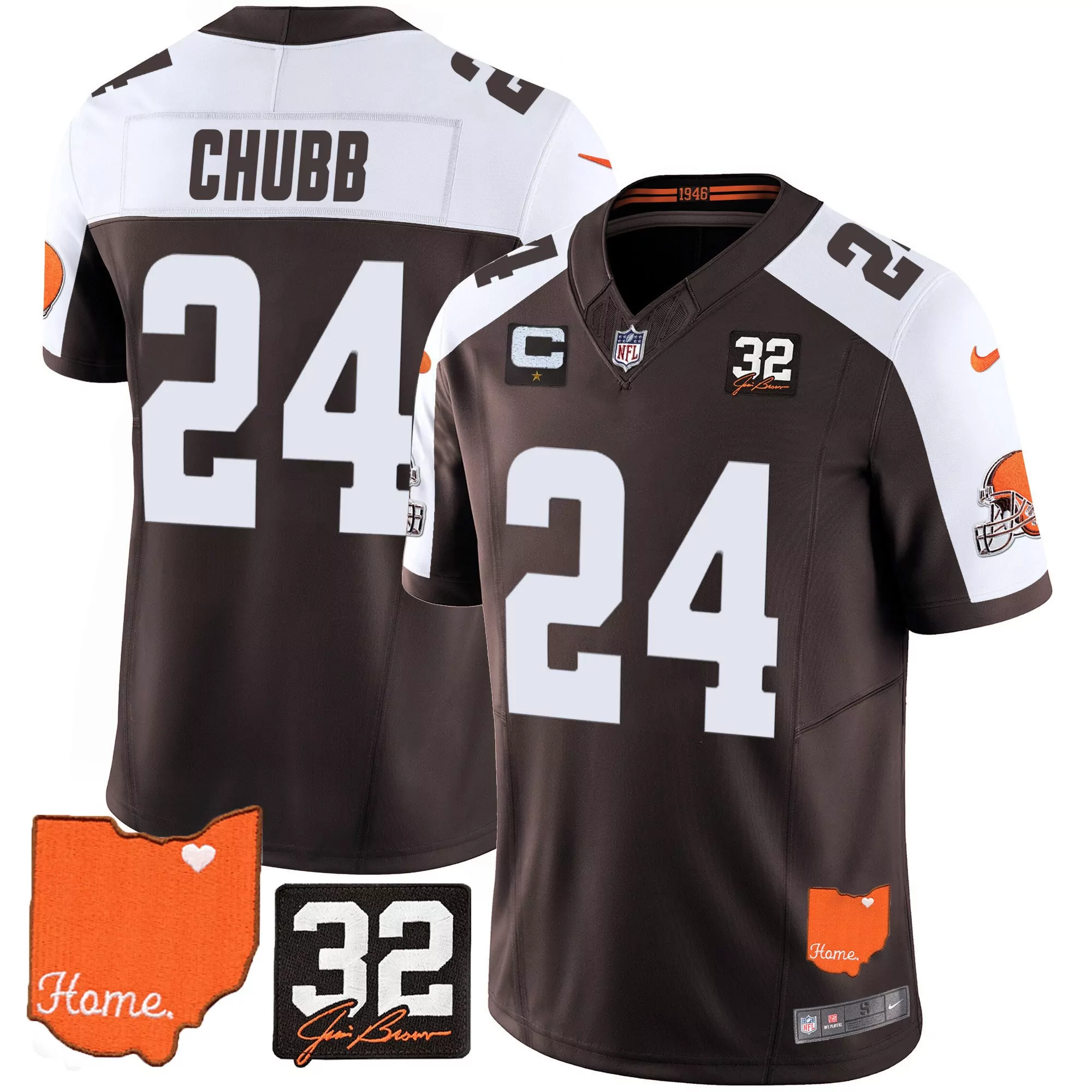 nick chubb alternate mens cleveland browns 32 jim brown memorial home patch gold trim jersey all stitched