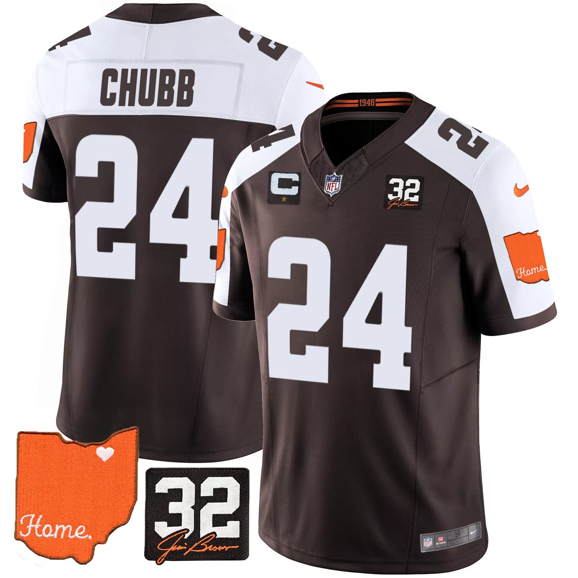 nick chubb alternate mens cleveland browns 32 jim brown memorial home patch gold trim jersey all stitched