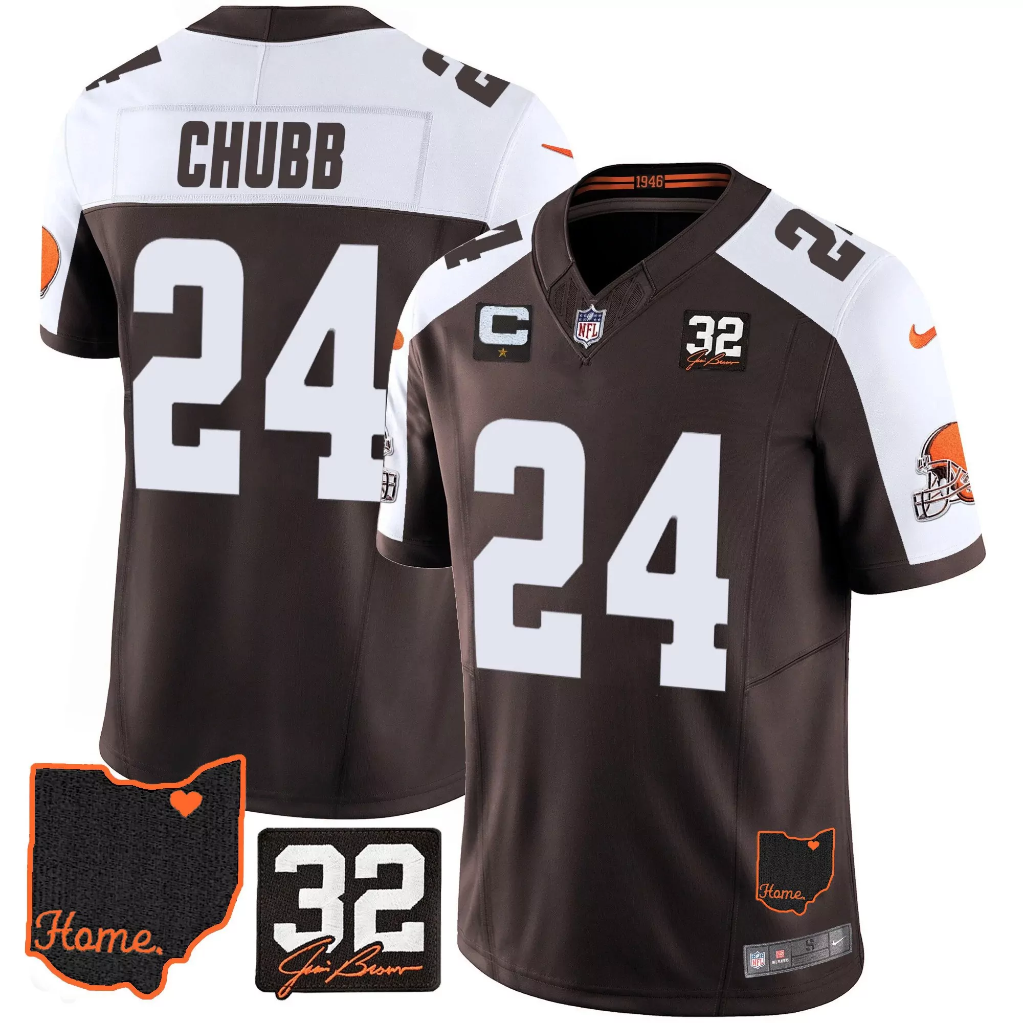 nick chubb alternate mens cleveland browns 32 jim brown memorial home patch gold trim jersey all stitched