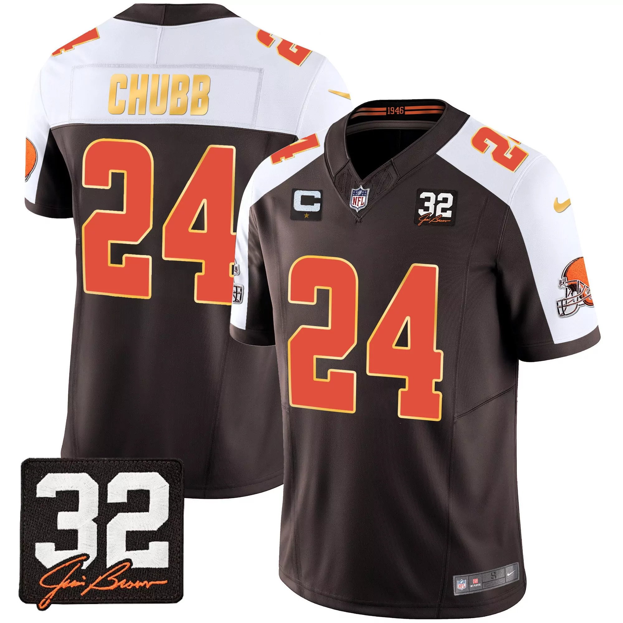 nick chubb alternate mens cleveland browns 32 jim brown memorial patch gold trim jersey all stitched