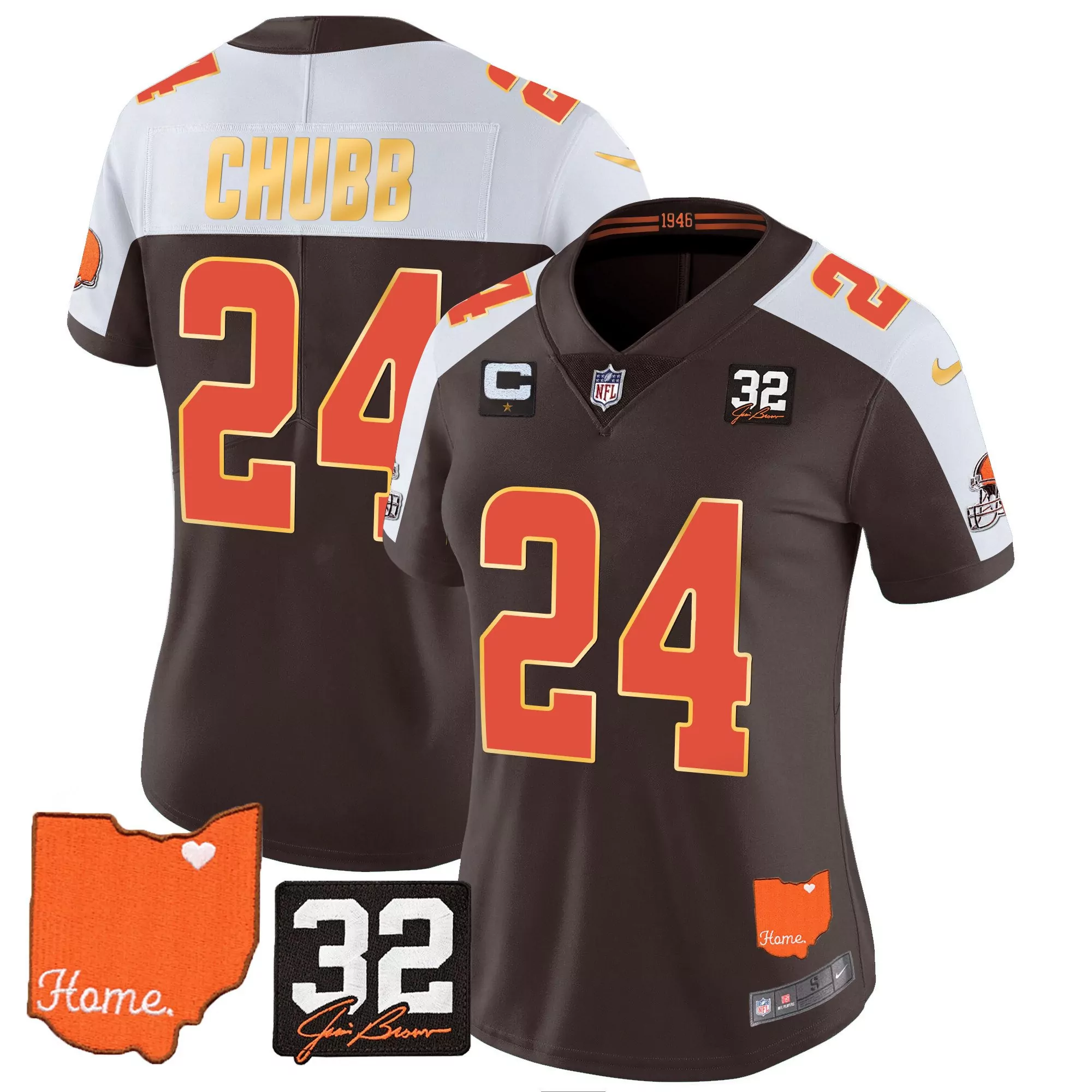 nick chubb alternate womens cleveland browns 32 jim brown memorial home patch gold trim jersey all stitched