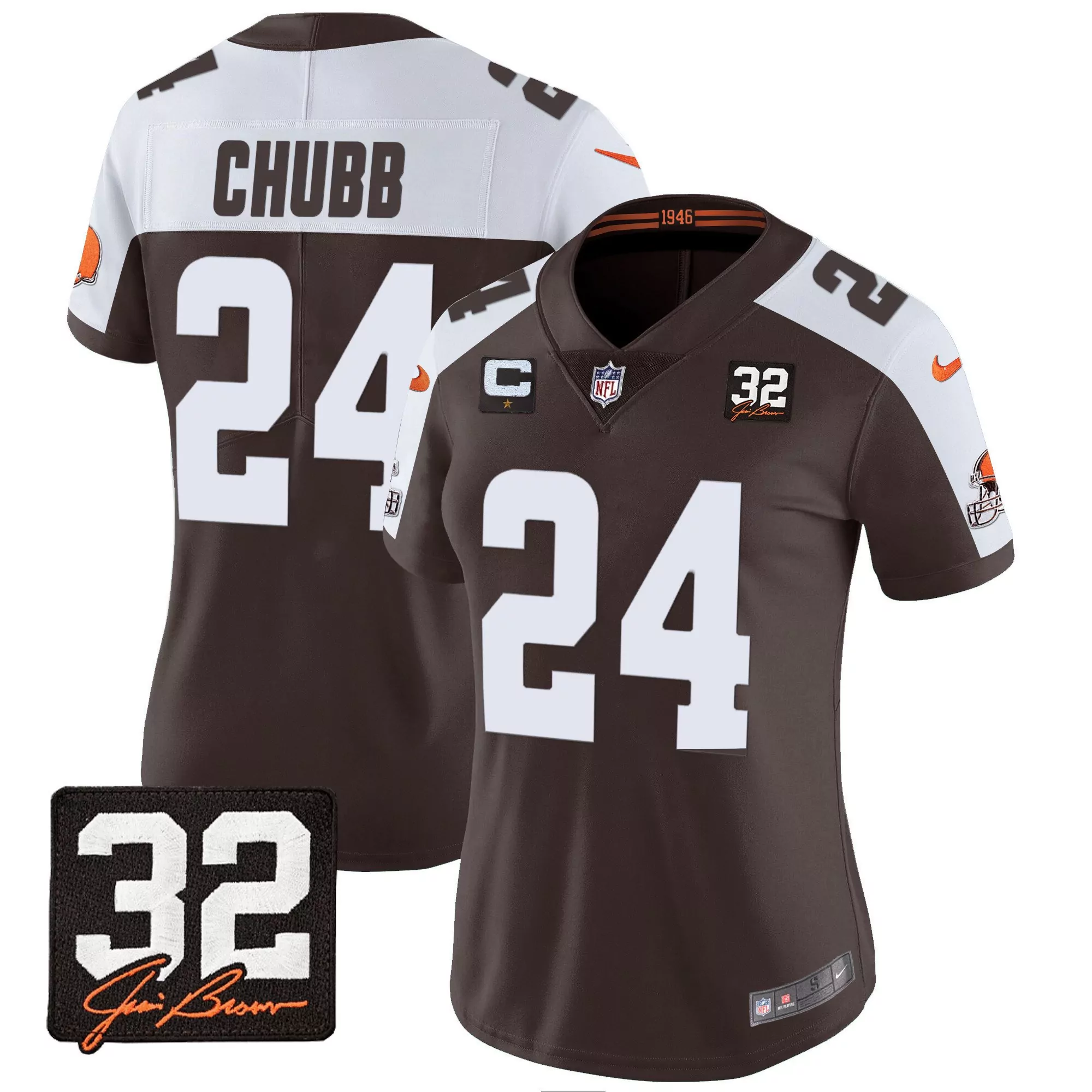 nick chubb alternate womens cleveland browns 32 jim brown memorial patch jersey all stitched