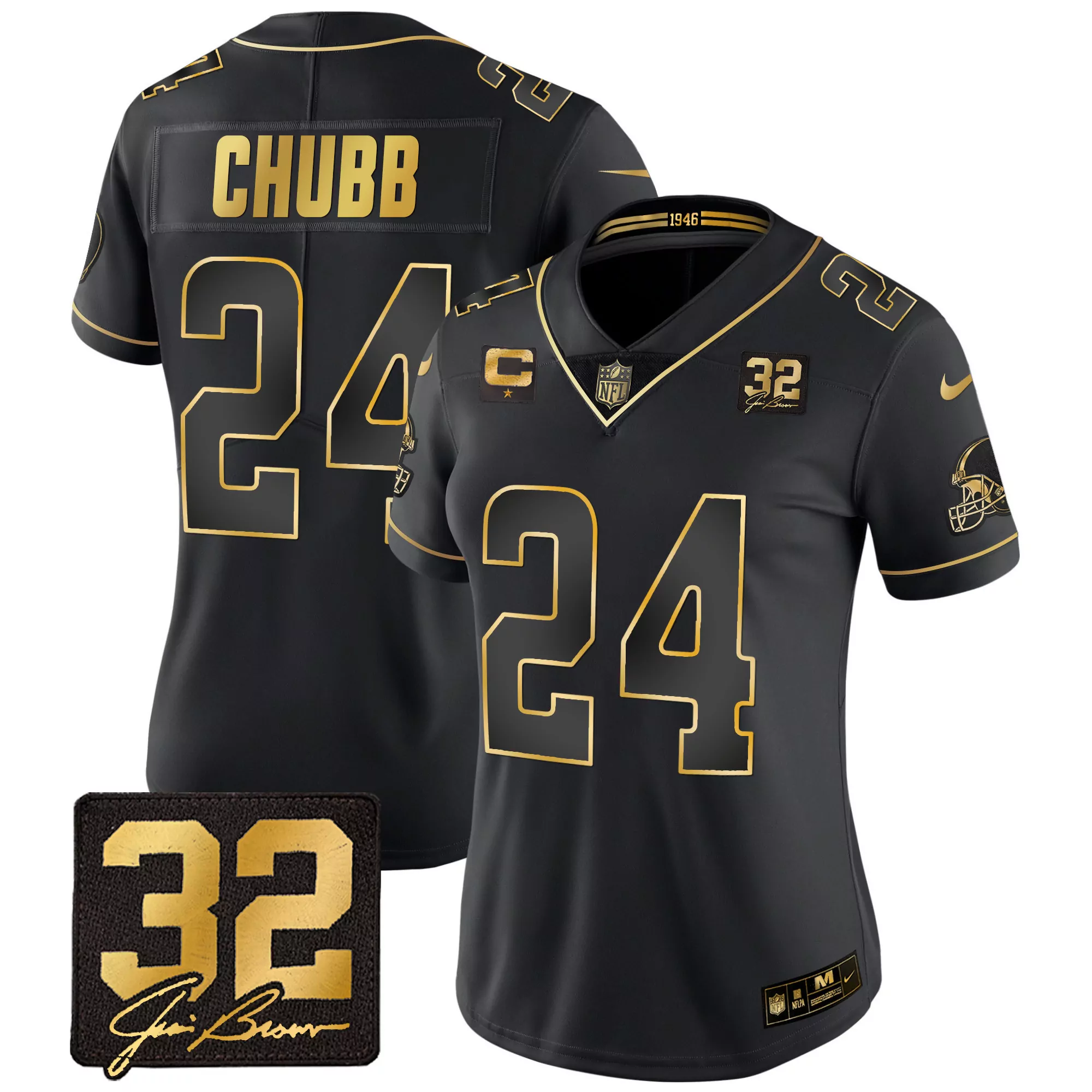 nick chubb black gold womens cleveland browns 32 jim brown memorial patch gold jersey all stitched
