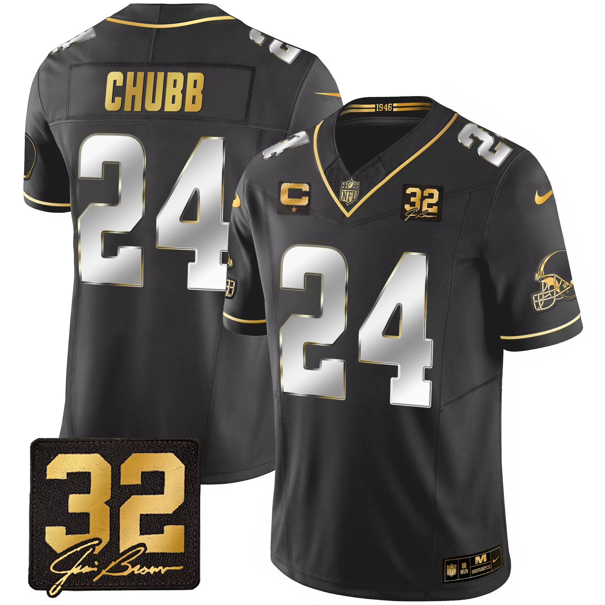 nick chubb black gold womens cleveland browns 32 jim brown memorial patch gold jersey all stitched