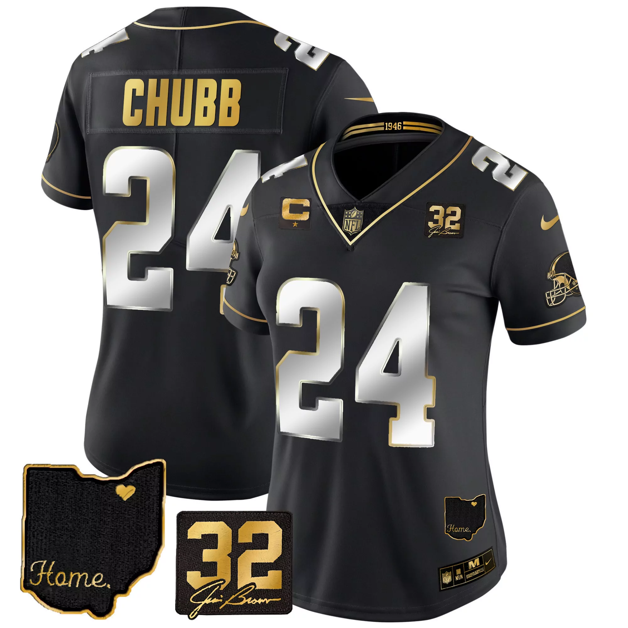nick chubb black gold womens cleveland browns 32 jim brown memorial patch gold jersey all stitched