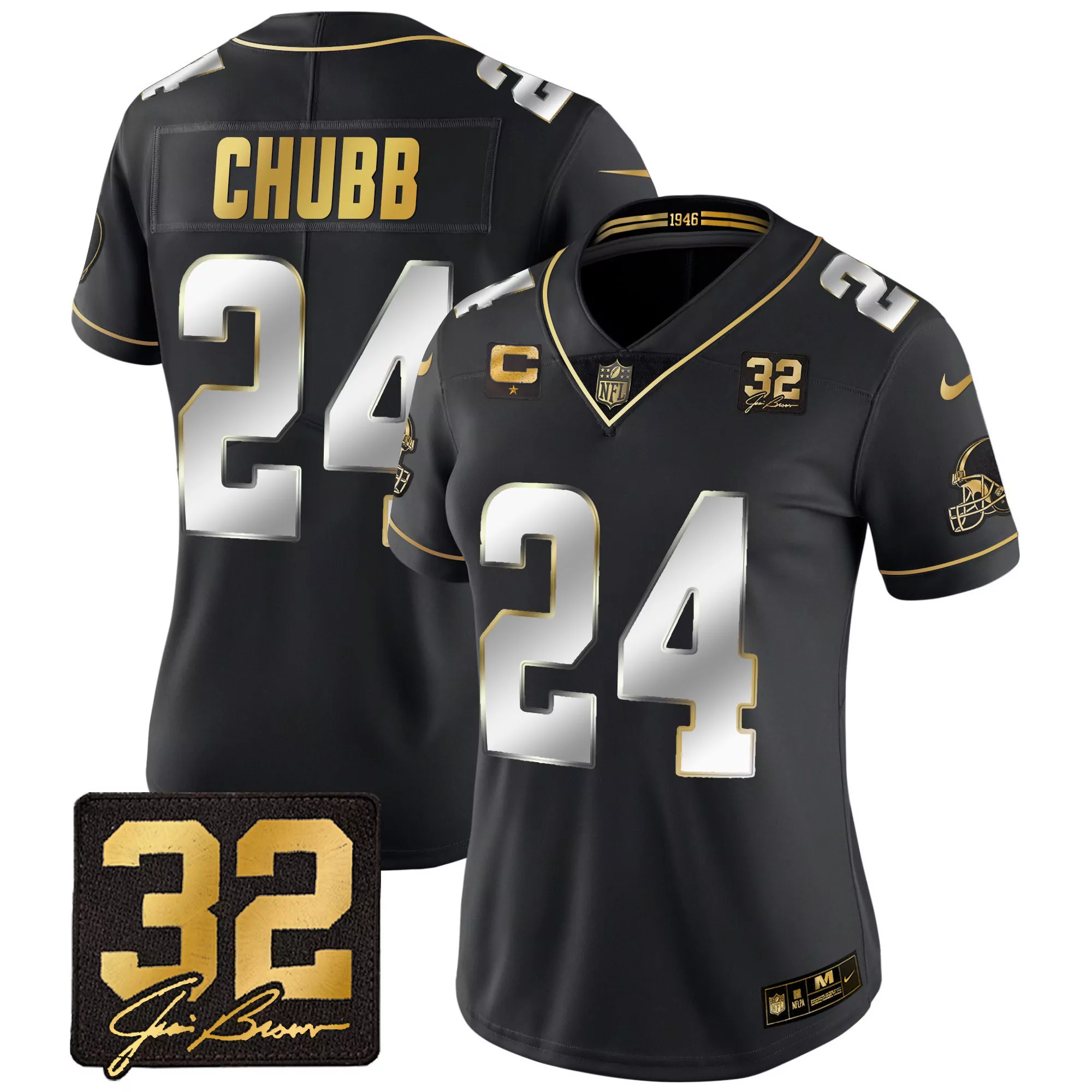 nick chubb black limited womens cleveland browns 32 jim brown memorial patch gold jersey all stitched