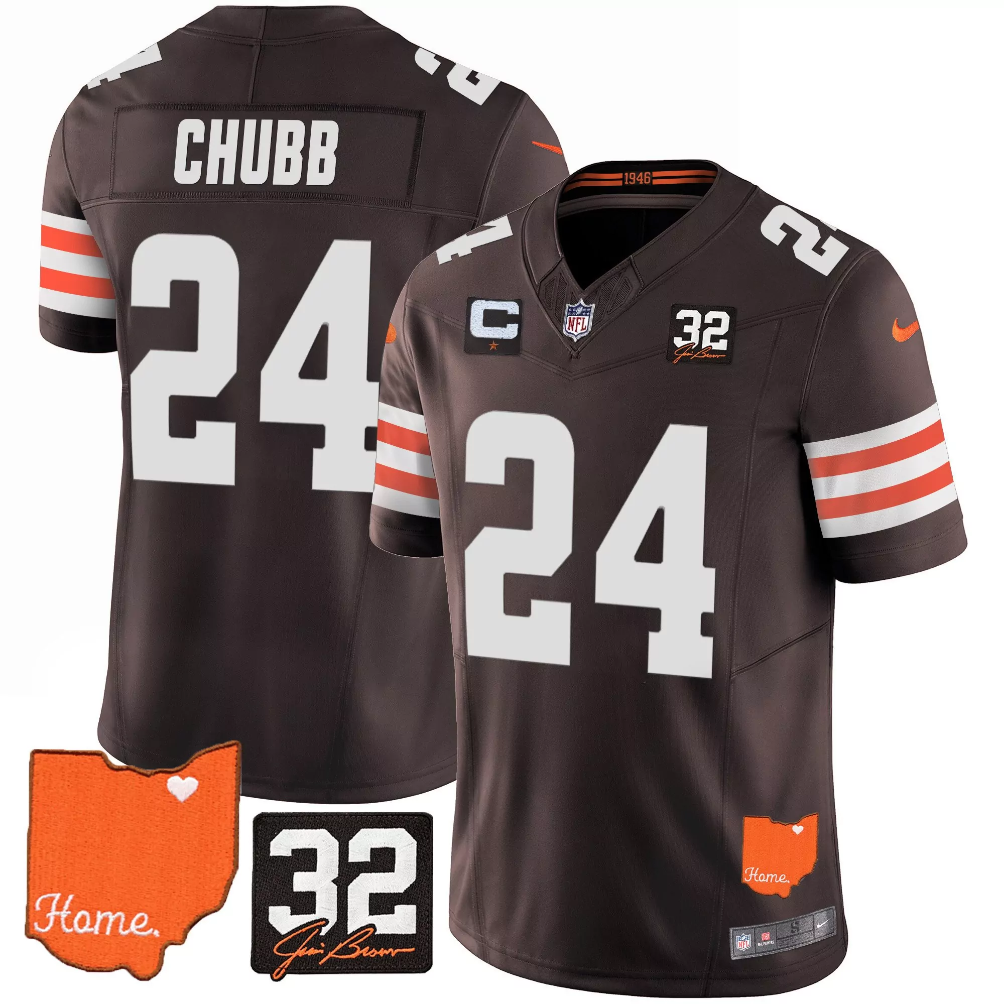 nick chubb brown mens cleveland browns 32 jim brown memorial home patch jersey all stitched