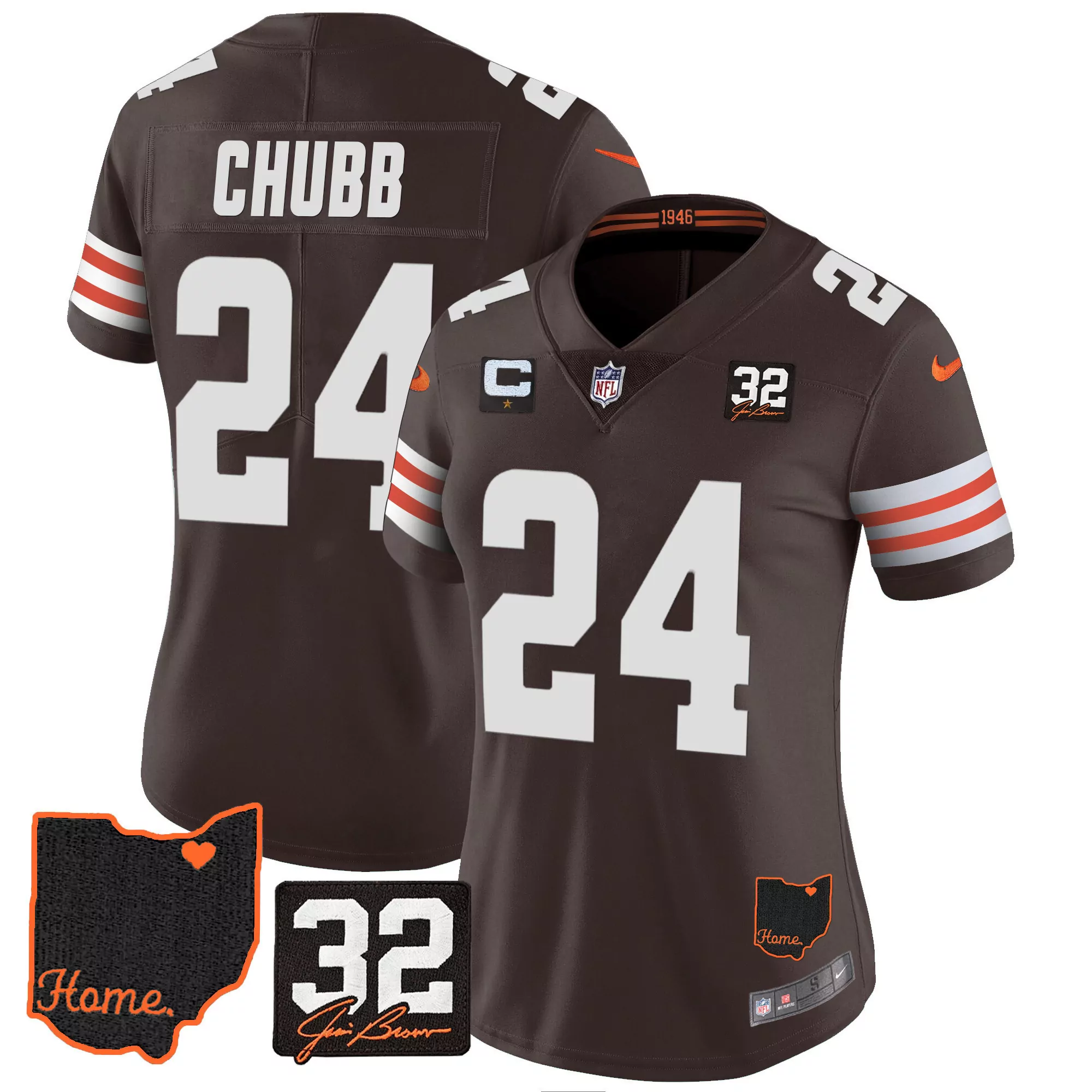 nick chubb brown womens cleveland browns 32 jim brown memorial home patch jersey v3 all stitched