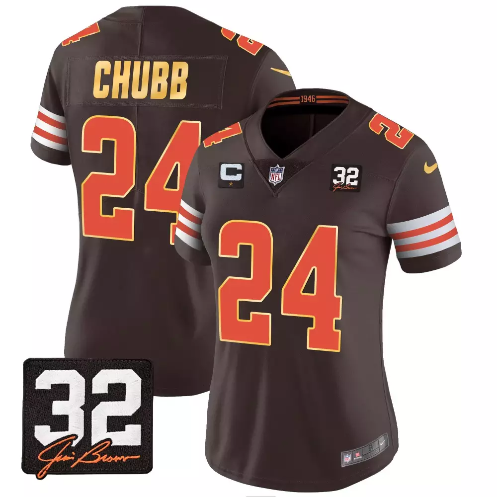 nick chubb brown womens cleveland browns 32 jim brown memorial home patch jersey v3 all stitched