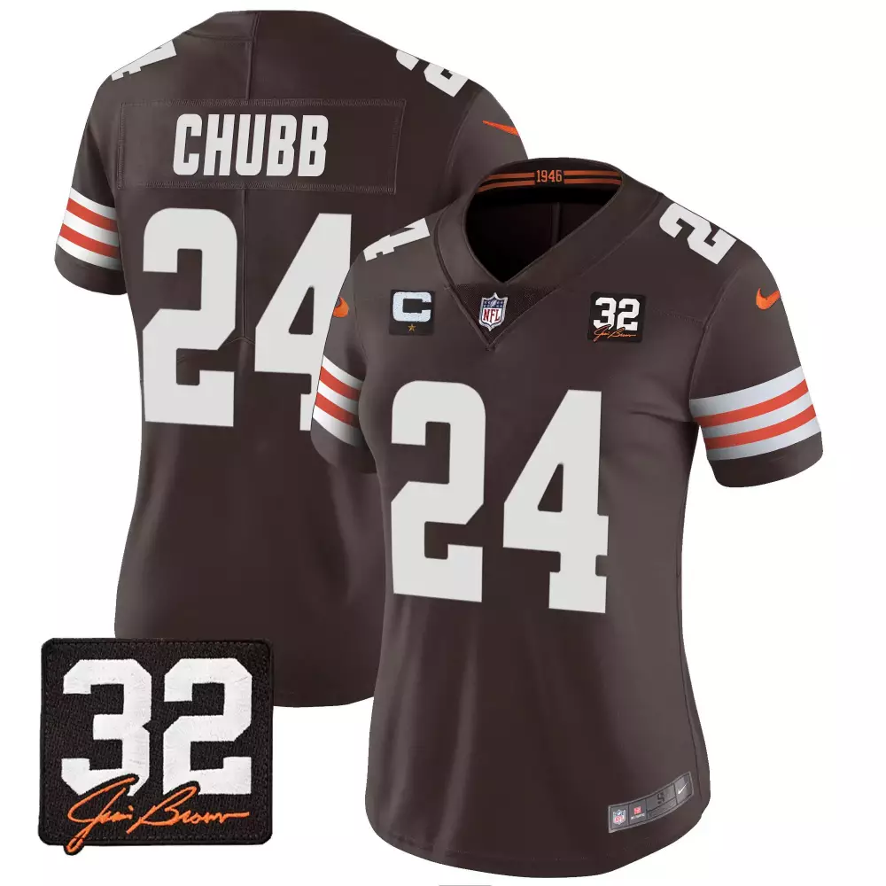 nick chubb brown womens cleveland browns 32 jim brown memorial home patch jersey v3 all stitched