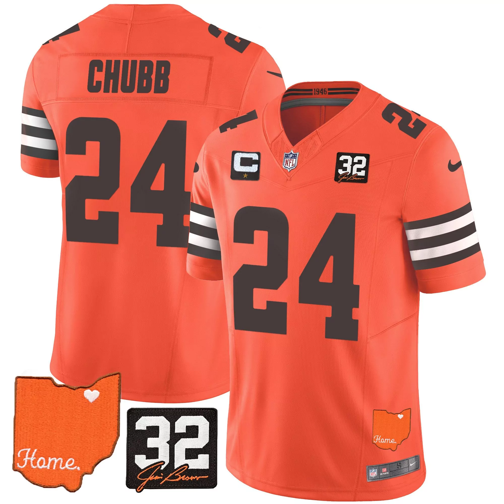 nick chubb orange mens cleveland browns 32 jim brown memorial home patch jersey all stitched